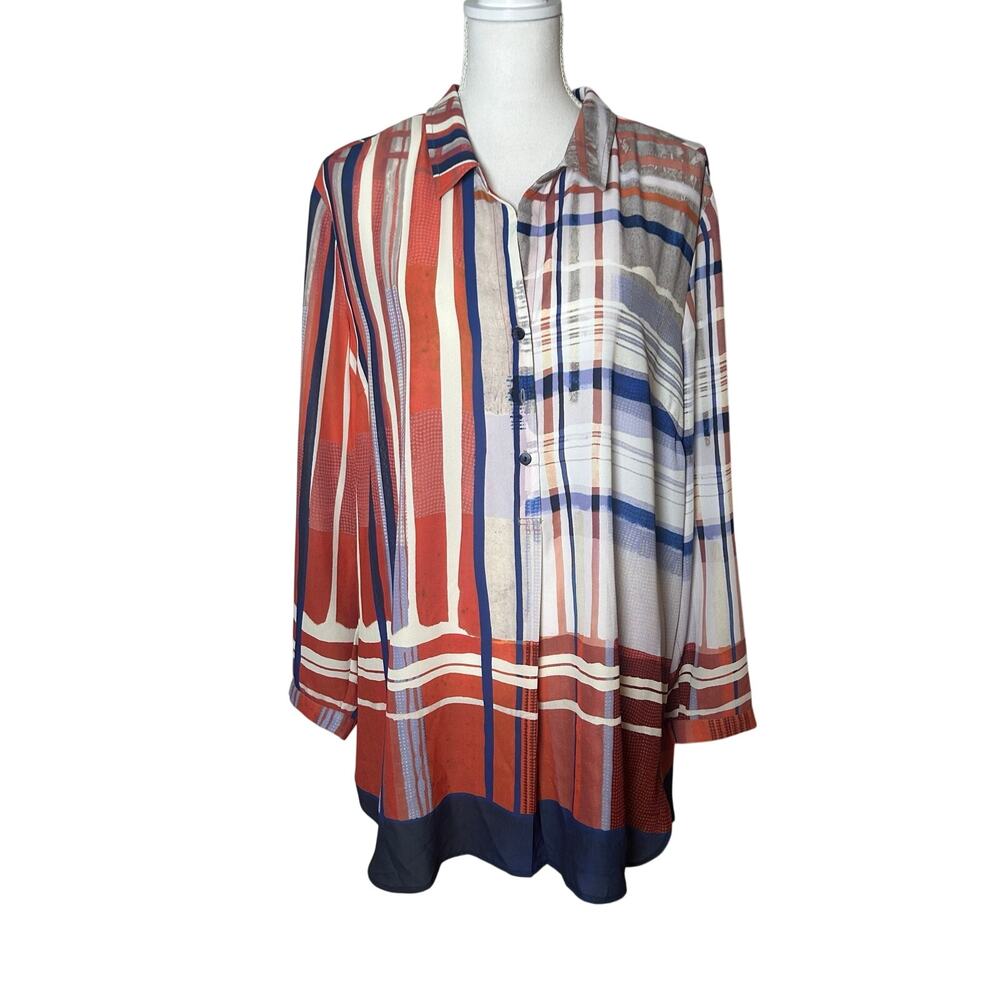 NIC + ZOE collared popover tunic geometric splatter plaid blouse size 1X